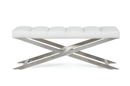 47" White and Silver Tufted Faux Leather Upholstered Dining Bench