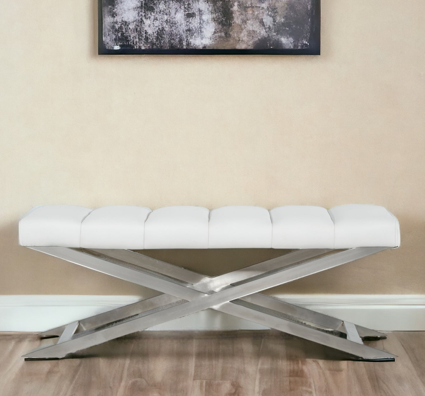 47" White and Silver Upholstered Faux Leather Dining Bench