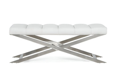 47" White and Silver Tufted Faux Leather Upholstered Dining Bench