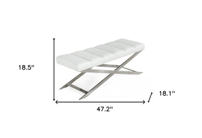 47" White and Silver Upholstered Faux Leather Dining Bench