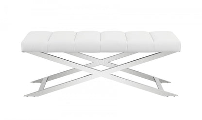 47" White and Silver Upholstered Faux Leather Dining Bench