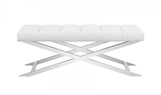 47" White and Silver Upholstered Faux Leather Dining Bench