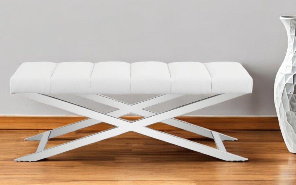 47" White and Silver Tufted Faux Leather Upholstered Dining Bench