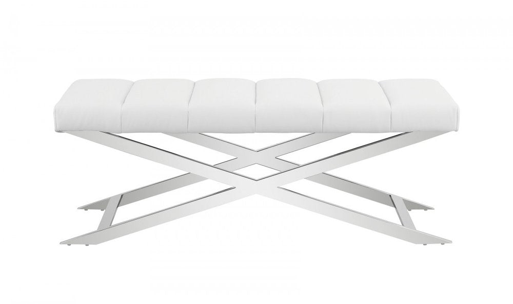 47" White and Silver Tufted Faux Leather Upholstered Dining Bench
