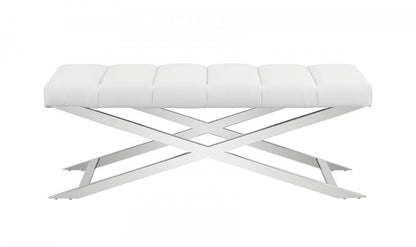 47" White and Silver Tufted Faux Leather Upholstered Dining Bench