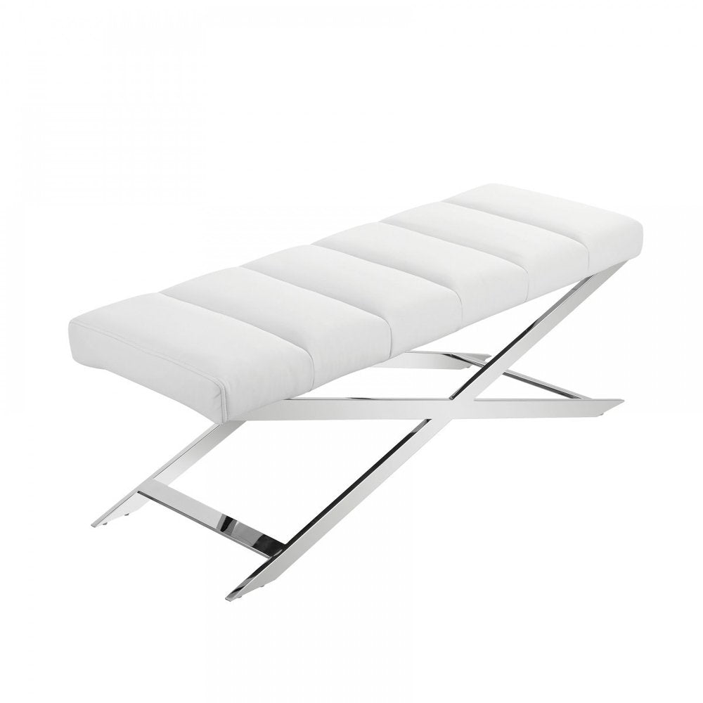 47" White and Silver Tufted Faux Leather Upholstered Dining Bench