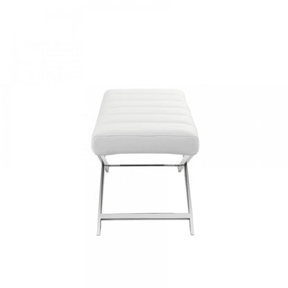 47" White and Silver Tufted Faux Leather Upholstered Dining Bench