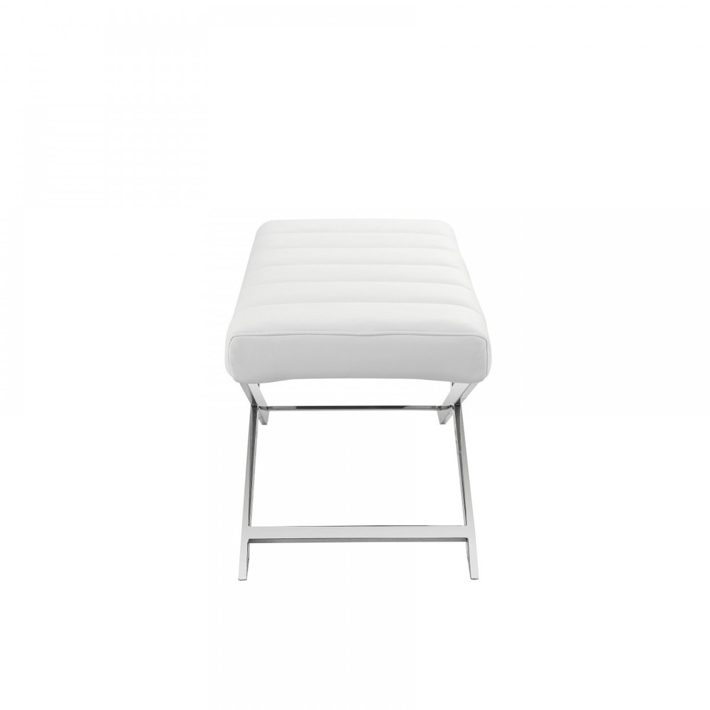 47" White and Silver Tufted Faux Leather Upholstered Dining Bench