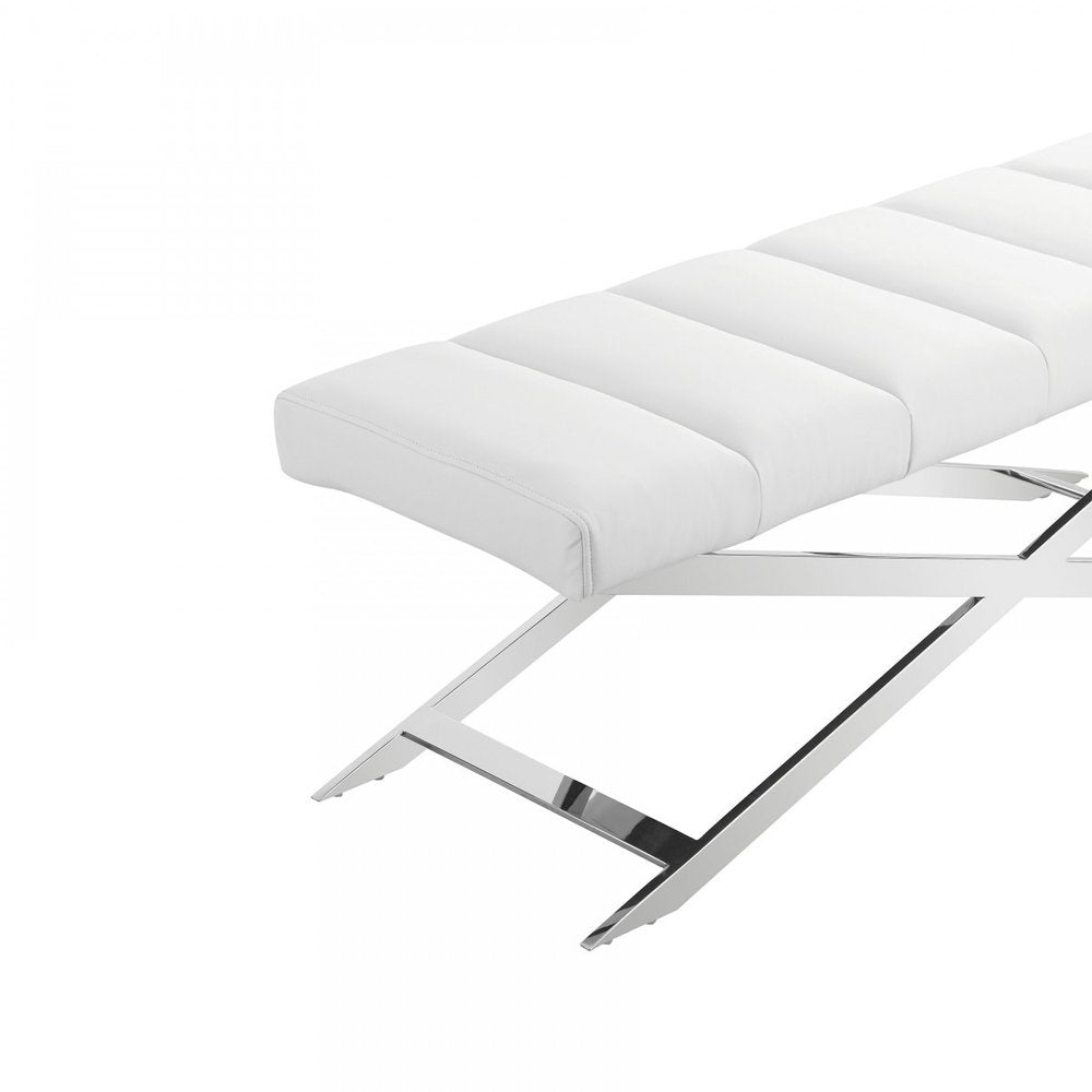 47" White and Silver Tufted Faux Leather Upholstered Dining Bench