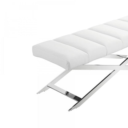 47" White and Silver Tufted Faux Leather Upholstered Dining Bench