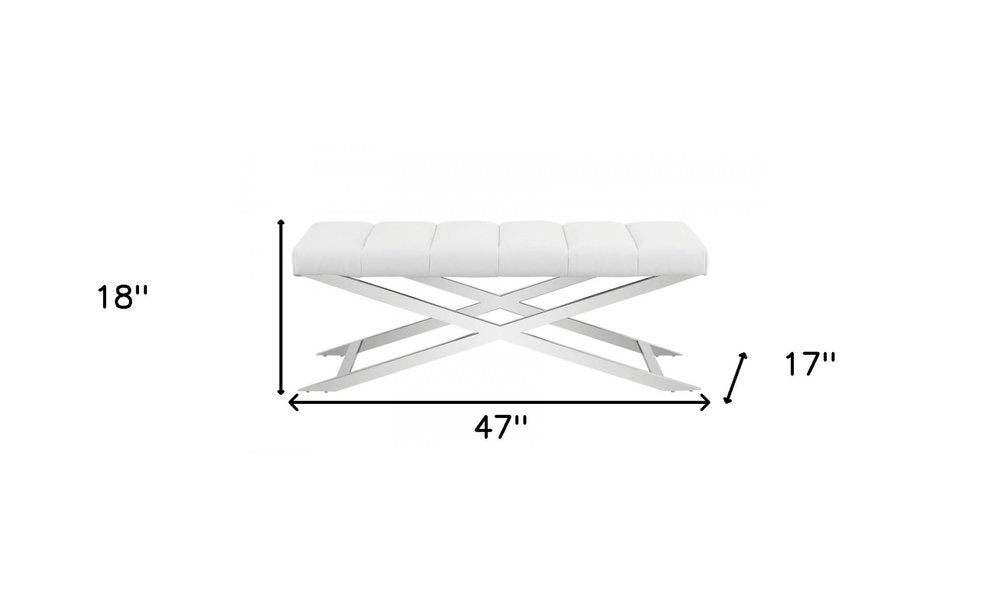 47" White and Silver Tufted Faux Leather Upholstered Dining Bench
