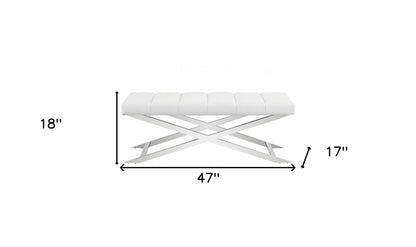 47" White and Silver Tufted Faux Leather Upholstered Dining Bench