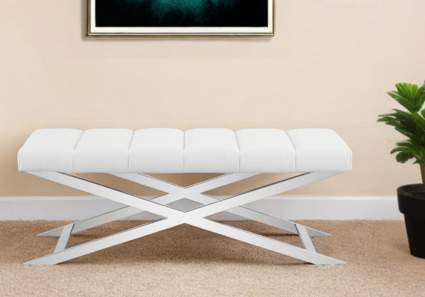 47" White and Silver Upholstered Faux Leather Dining Bench