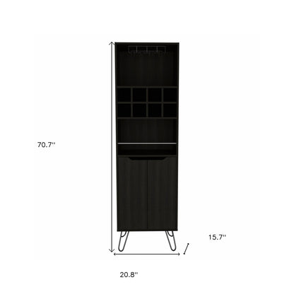 71" Black Tall Bar Cabinet with Two Door Panels and Top Wine Glass Rack