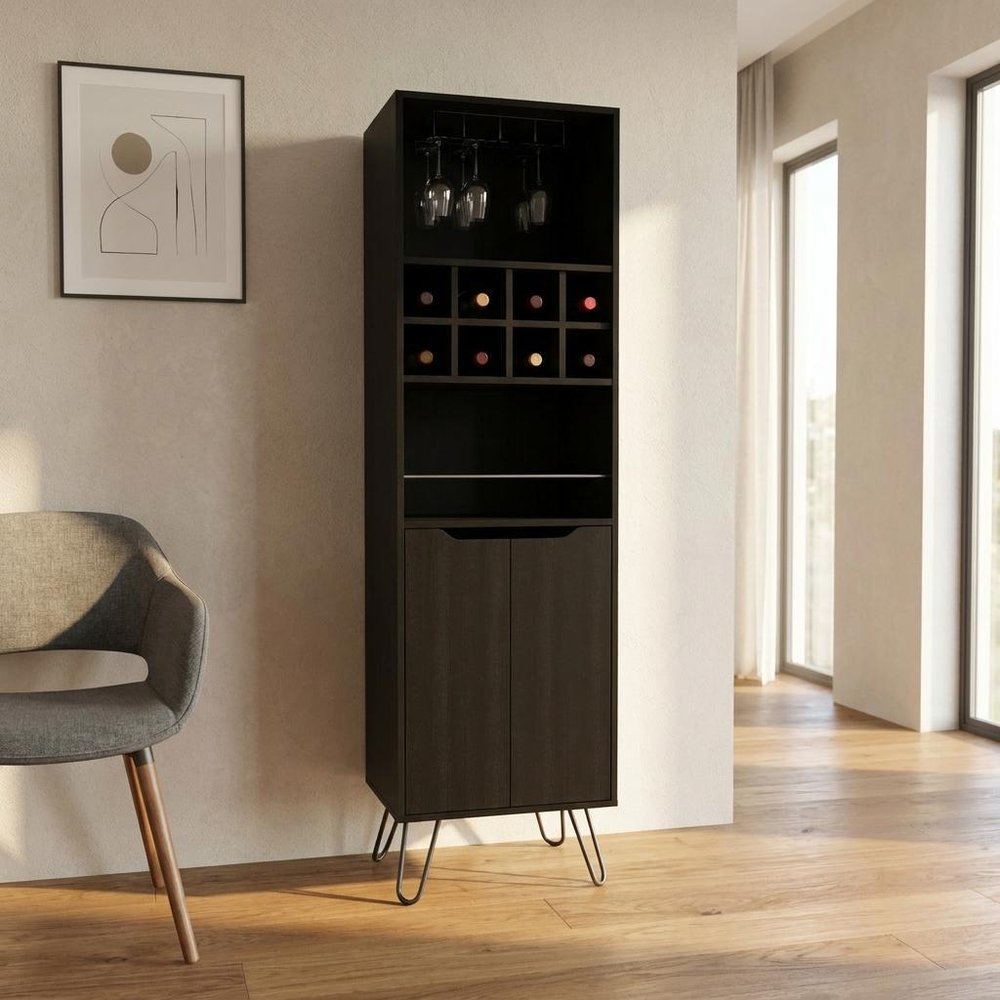 71" Black Tall Bar Cabinet with Two Door Panels and Top Wine Glass Rack