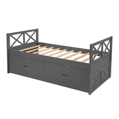 Gray Cross Back Wood Twin With Two Drawers Bed Frame with Trundle
