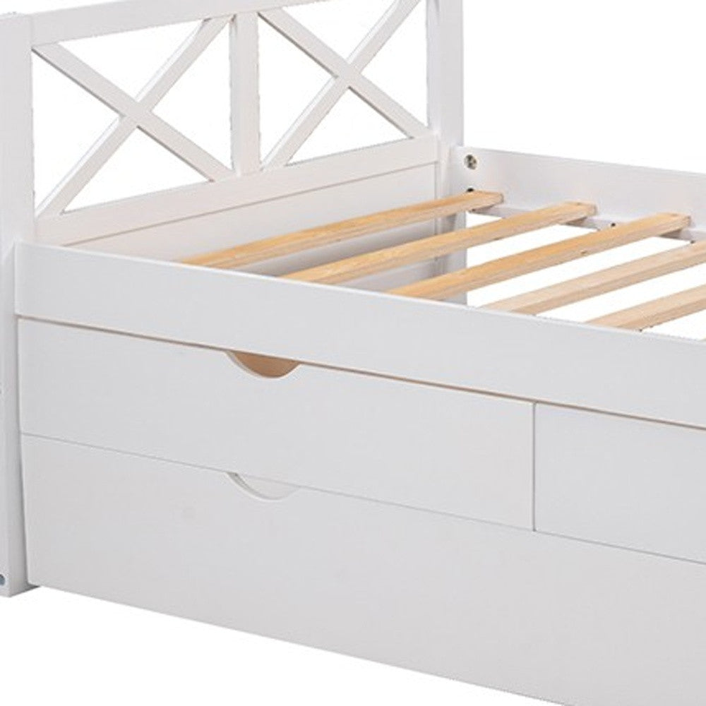 White Cross Back Wood Twin With Two Drawers Bed Frame with Trundle