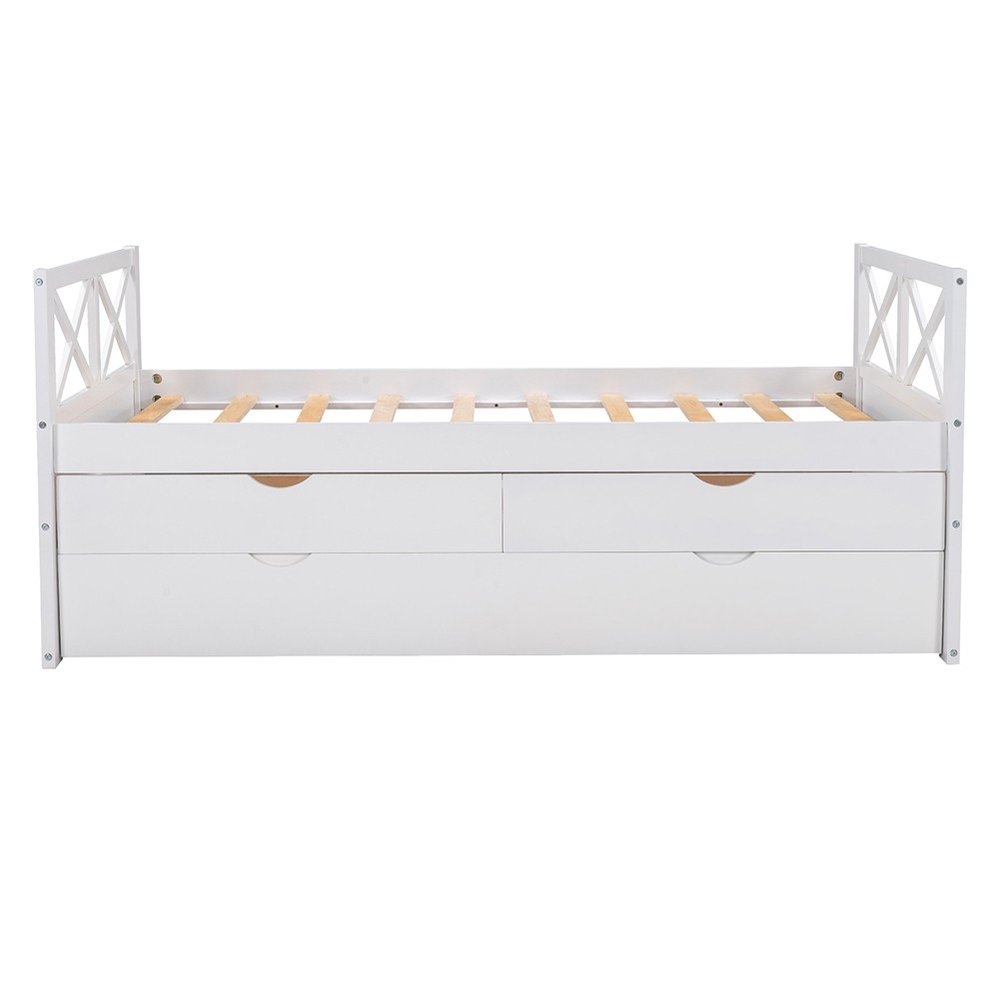 White Cross Back Wood Twin With Two Drawers Bed Frame with Trundle