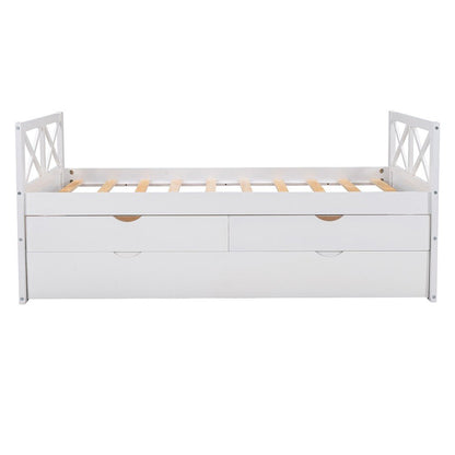 White Cross Back Wood Twin With Two Drawers Bed Frame with Trundle