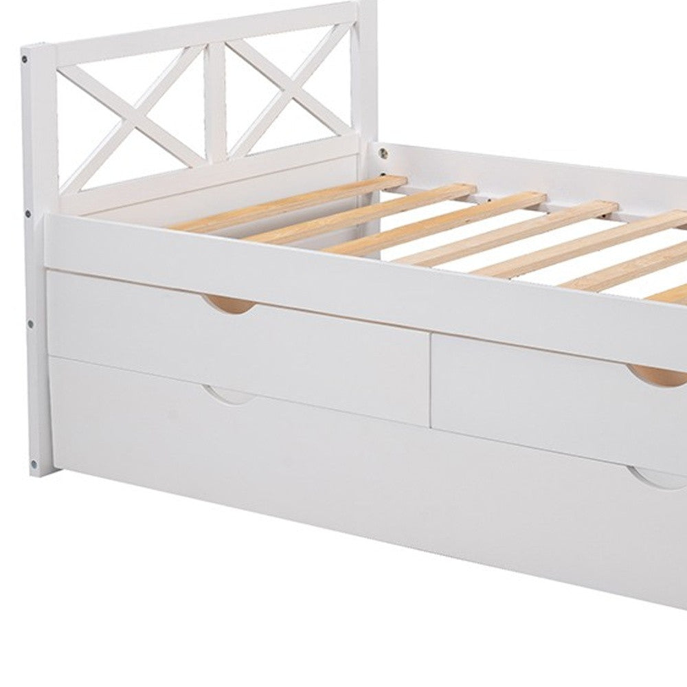 White Cross Back Wood Twin With Two Drawers Bed Frame with Trundle