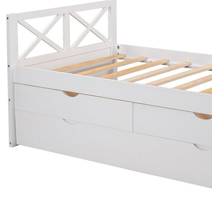 White Cross Back Wood Twin With Two Drawers Bed Frame with Trundle