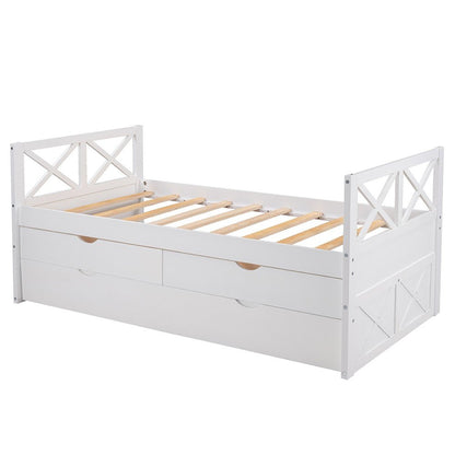 White Cross Back Wood Twin With Two Drawers Bed Frame with Trundle