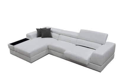 White Genuine Leather L Shaped Two Piece Sofa and Chaise Sectional With Console