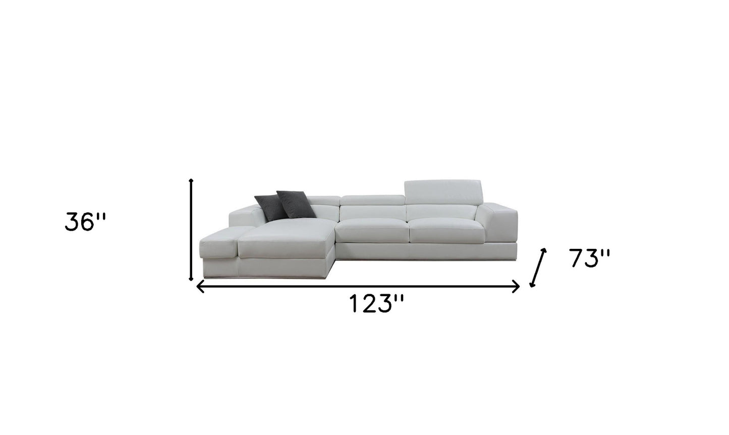 White Genuine Leather L Shaped Two Piece Sofa and Chaise Sectional With Console