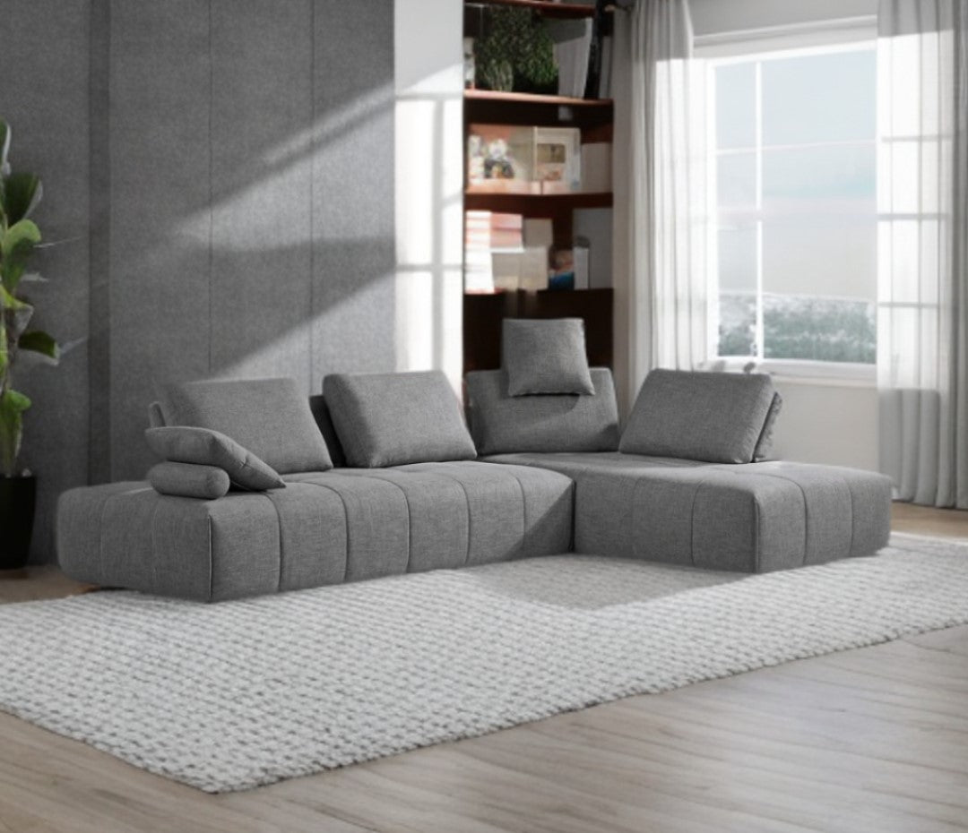 Gray Polyester Modular L Shaped Two Piece Sofa and Chaise Sectional And Toss Pillows