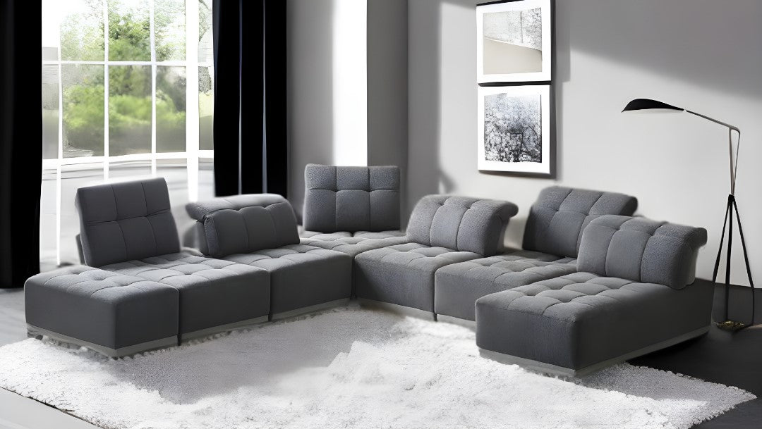 Gray Polyester Modular U Shaped Seven Piece Corner Sectional