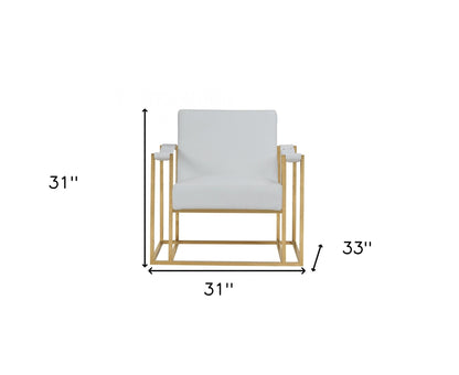 31" White And Gold Faux Leather Lounge Chair