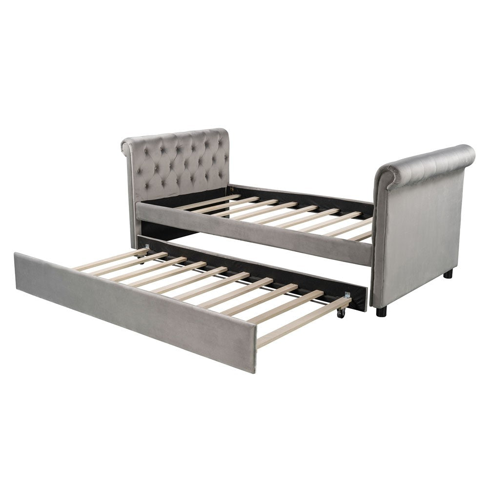 Gray Twin Tufted Upholstered Polyester Blend Bed with Trundle