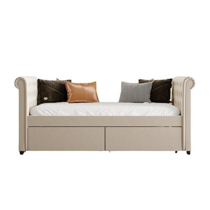 Twin Tufted Beige Upholstered Polyester Blend Bed