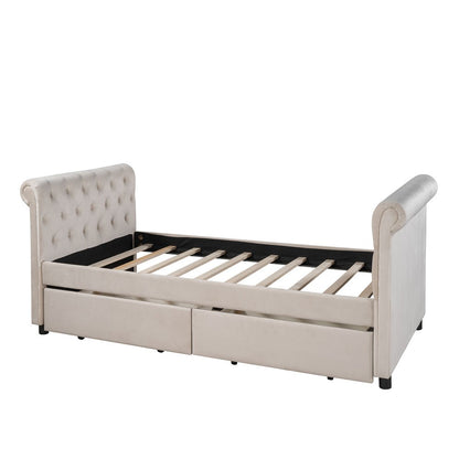 Twin Tufted Beige Upholstered Polyester Blend Bed