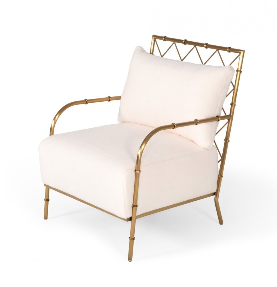 25" White And Gold Velvet Arm Chair
