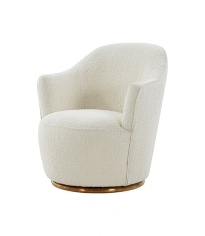 29" White And Gold Upholstered Swivel Barrel Chair