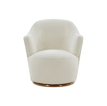 29" White And Gold Upholstered Swivel Barrel Chair