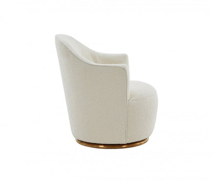 29" White And Gold Upholstered Swivel Barrel Chair