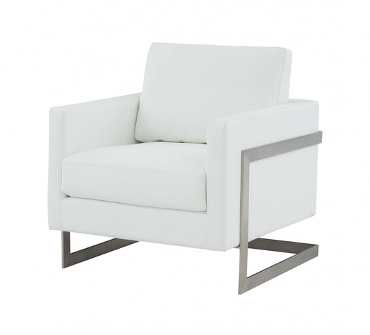 34" White And Silver Faux Leather Arm Chair