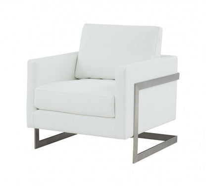 34" White And Silver Faux Leather Arm Chair