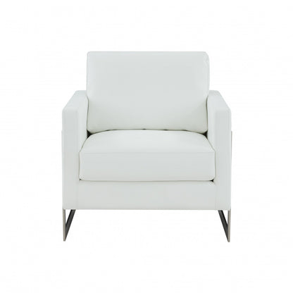 34" White And Silver Faux Leather Arm Chair