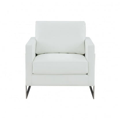 34" White And Silver Faux Leather Arm Chair