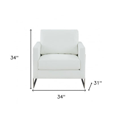 34" White And Silver Faux Leather Arm Chair