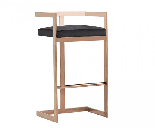 30" Black And Rose Gold Velvet And Steel Low Back Bar Height Bar Chair