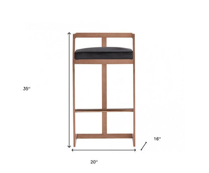 30" Black And Rose Gold Velvet And Steel Low Back Bar Height Bar Chair