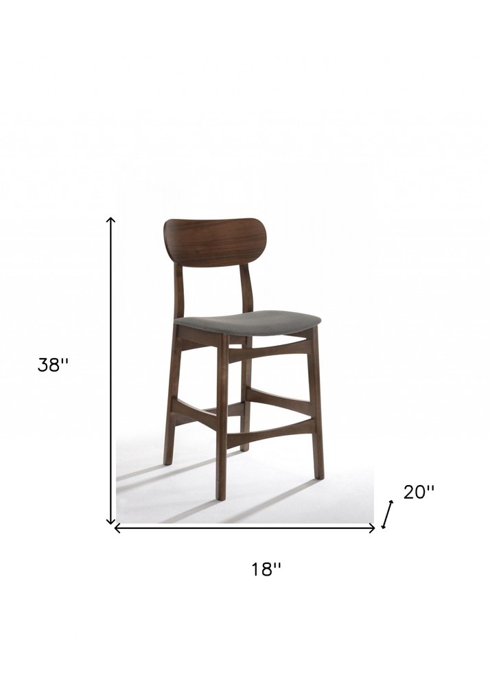 Set of Two 29" Gray And Brown Fabric And Solid Wood Low Back Bar Height Bar Chairs