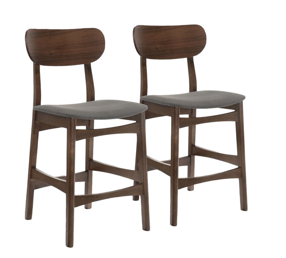 Set of Two 29" Gray And Brown Fabric And Solid Wood Low Back Bar Height Bar Chairs