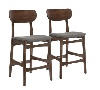 Set of Two 29" Gray And Brown Fabric And Solid Wood Low Back Bar Height Bar Chairs