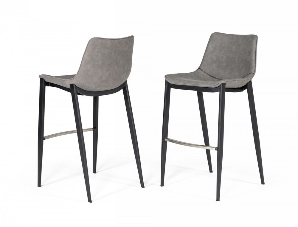 Set of Two 30" Gray And Black Faux Leather And Faux Leather And Steel Bar Height Bar Chairs