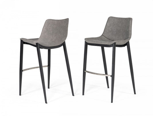 Set of Two 30" Gray And Black Faux Leather And Faux Leather And Steel Bar Height Bar Chairs